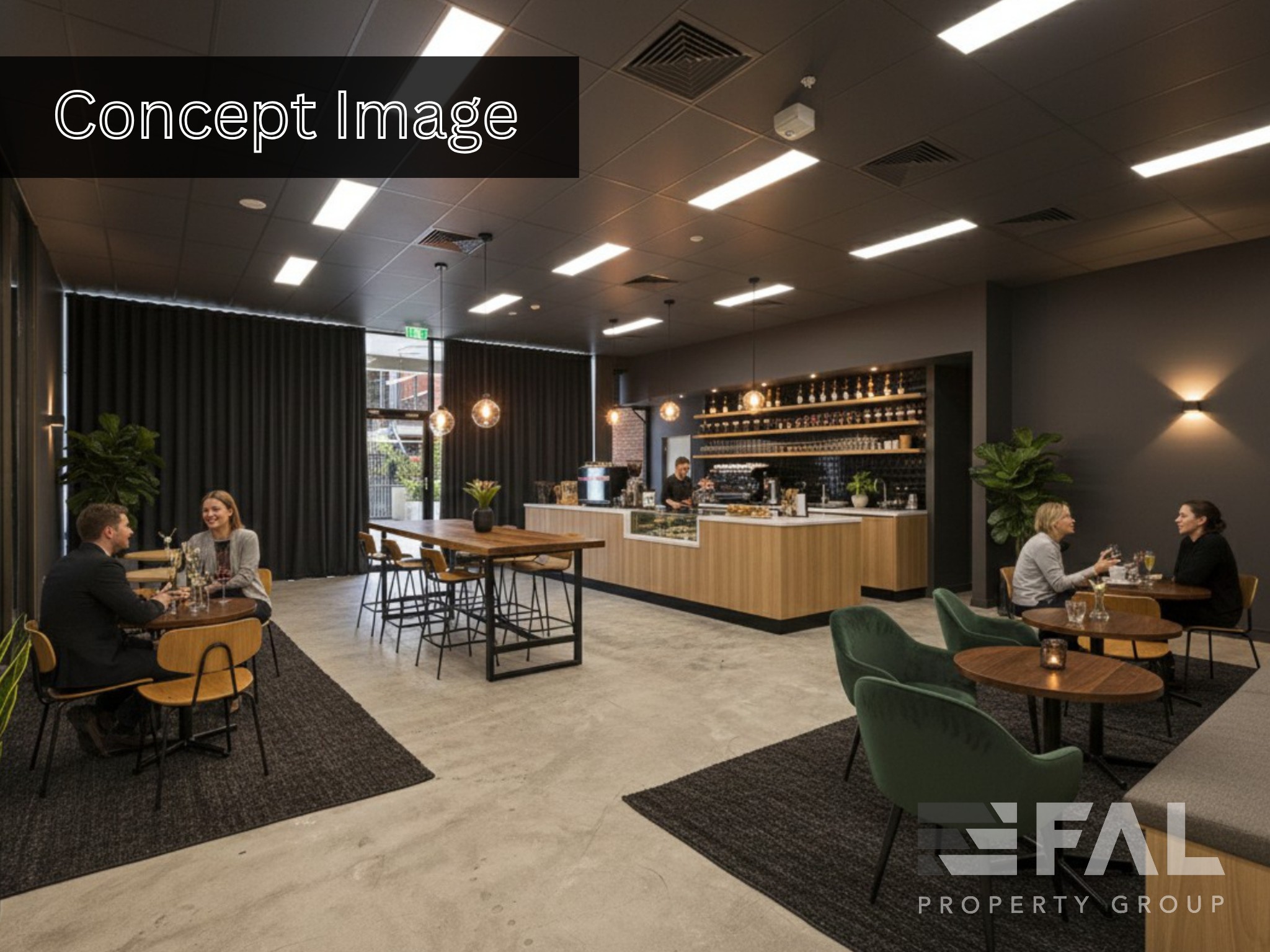 Concept rendering of an evening hospitality fitout in the ground-floor tenancy