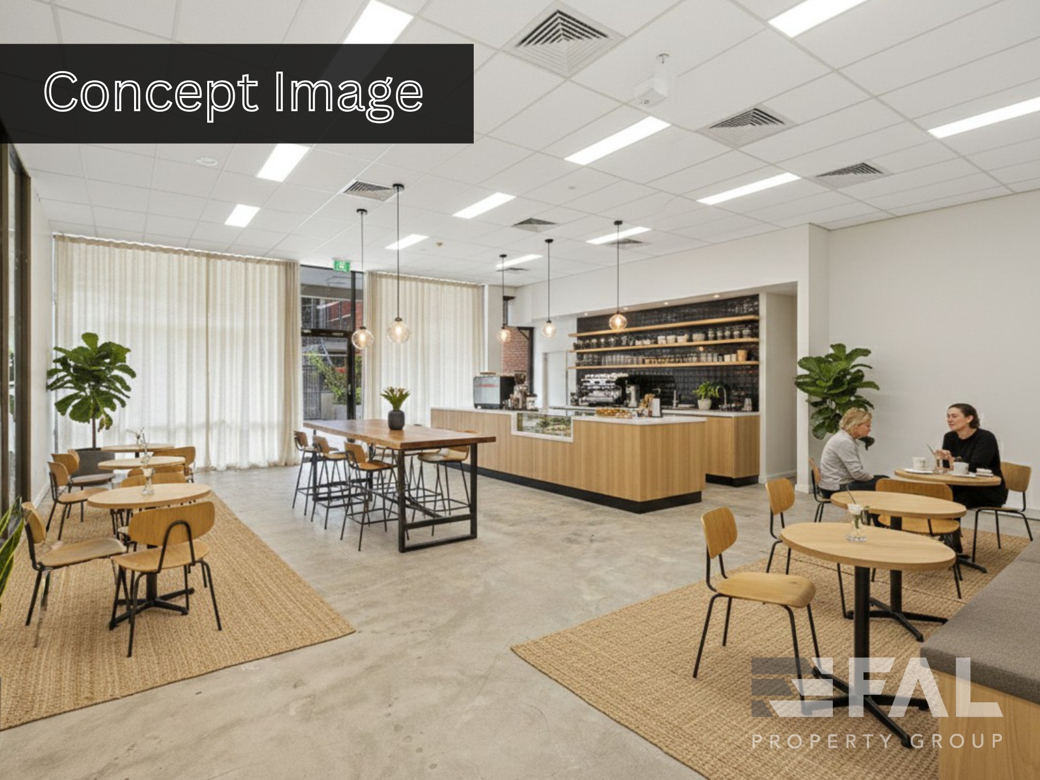 Concept rendering of a light hospitality fitout in the ground-floor tenancy