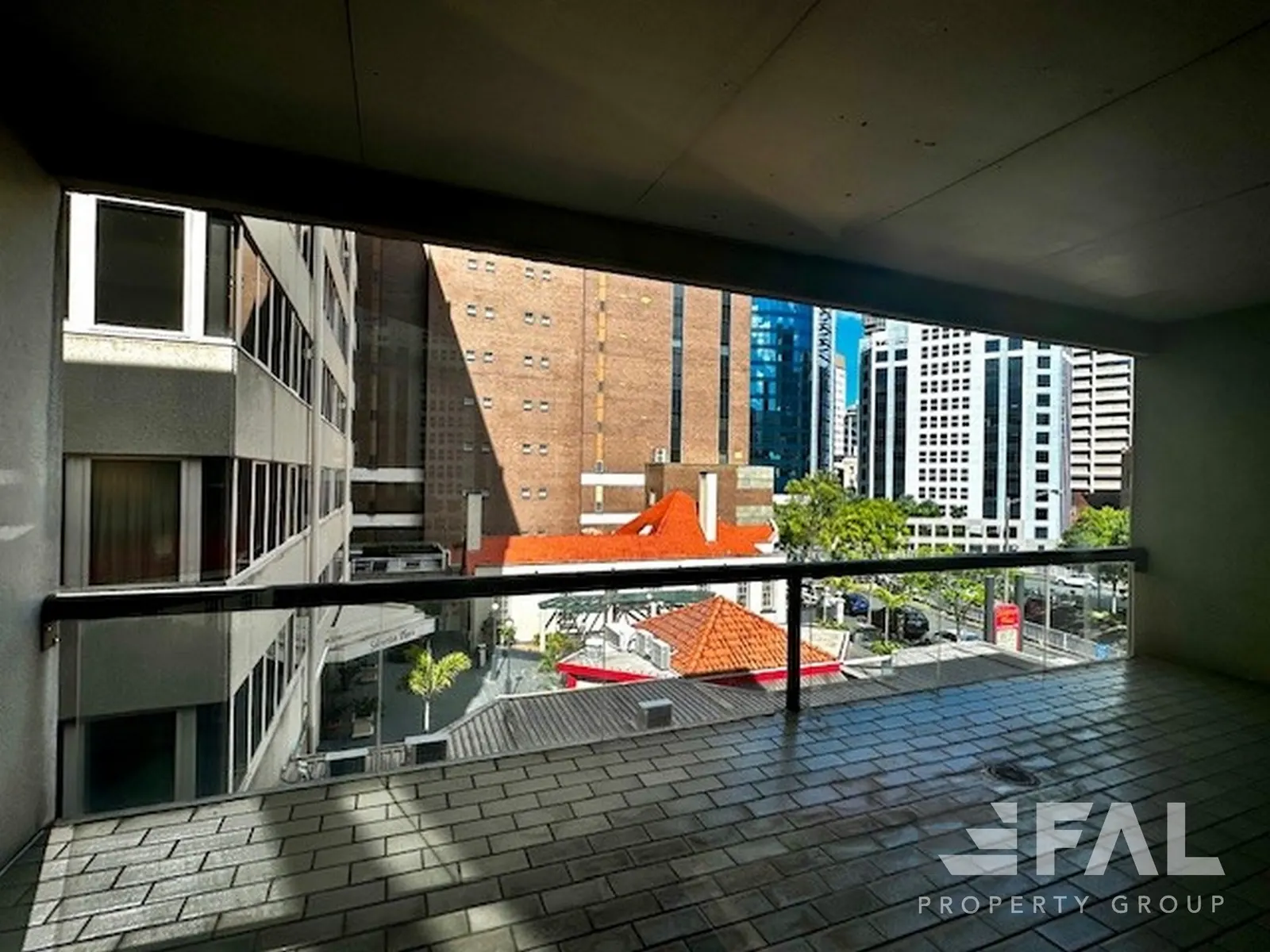 Covered balcony with outlook towards the Brisbane CBD
